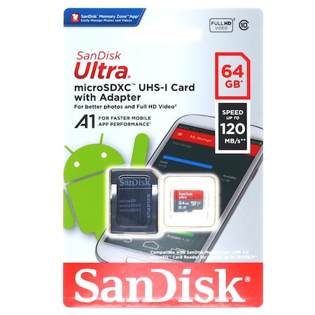 SANDISK SD Ult mSDHCTM UHS I Card with Adpt 64GB QUA4064GAN6MA